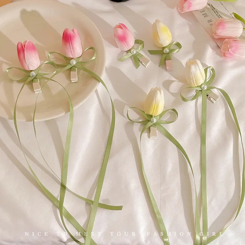 Pack of 4 Spring Summer Tulip Bow Hair Clip with Long Ribbon beautifull wear