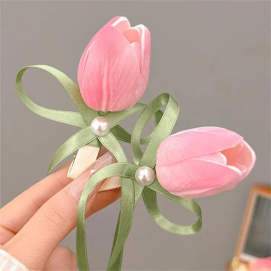 Pack of 4 Spring Summer Tulip Bow Hair Clip with Long Ribbon beautifull wear