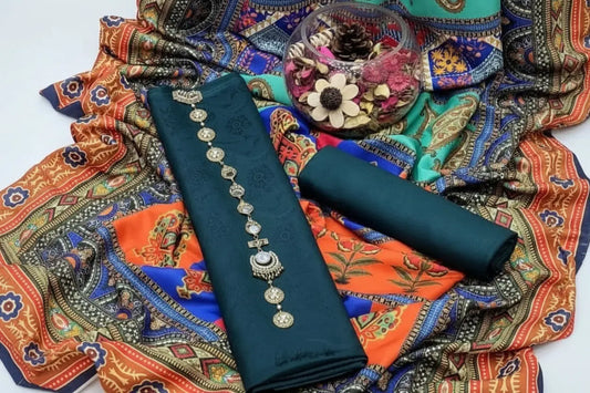 3Piece Katan Silk Unstitched Traditional Suit beautifull wear