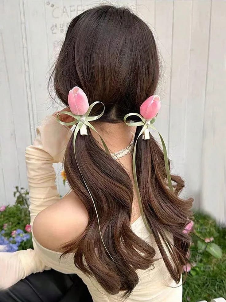 Pack of 4 Spring Summer Tulip Bow Hair Clip with Long Ribbon beautifull wear