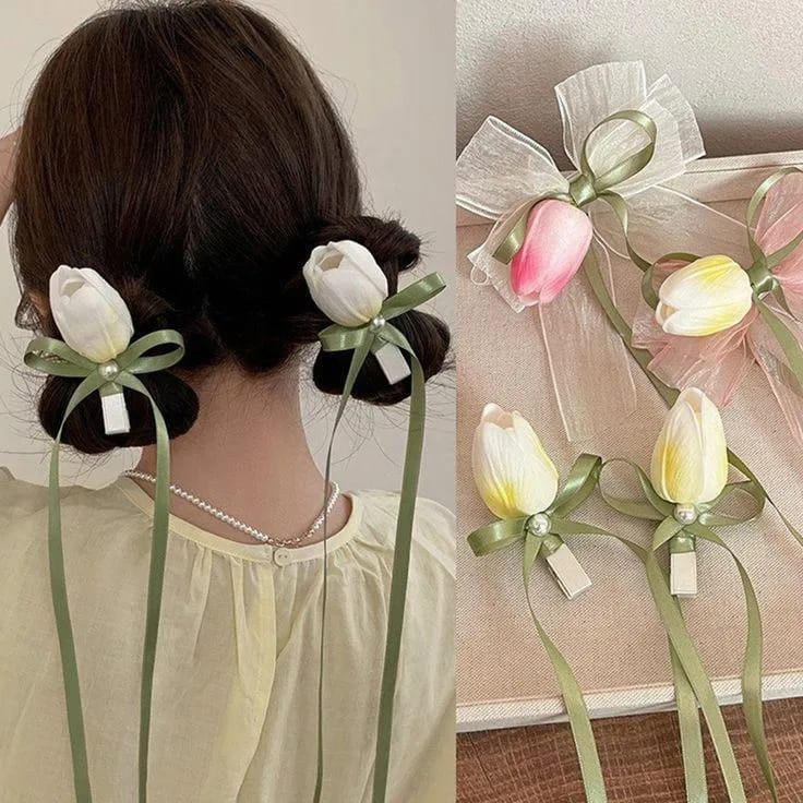 Pack of 4 Spring Summer Tulip Bow Hair Clip with Long Ribbon beautifull wear