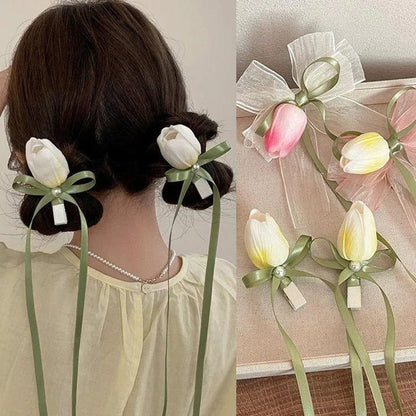 Pack of 4 Spring Summer Tulip Bow Hair Clip with Long Ribbon beautifull wear