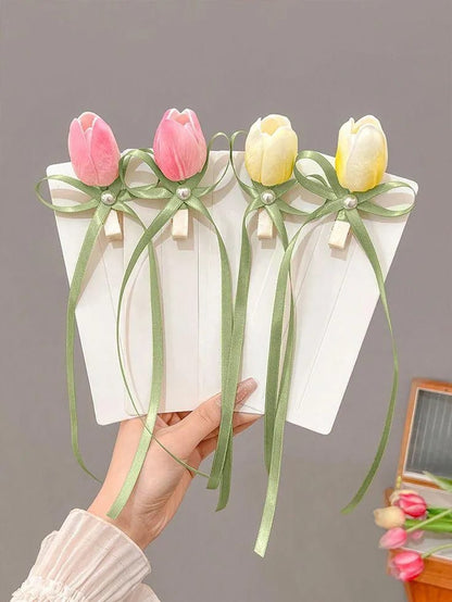 Pack of 4 Spring Summer Tulip Bow Hair Clip with Long Ribbon beautifull wear