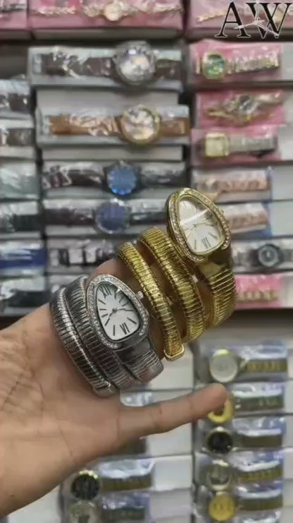 Artisanal Serpenti-Style Tubogas Triple-Coil Wrap Watch with Crystal-Embellished Guilloché Dial